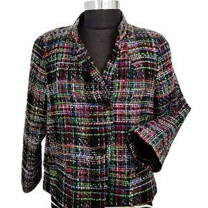 Talbots Sz 14 Petite Nehru Cropped Wool Blend Blazer Multi-Color Textured Tweed